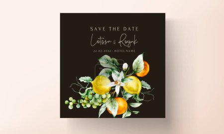 Téléchargez les illustrations : Belle carte d'invitation de mariage avec aquarelle de fruit botanique et fleur - en licence libre de droit
