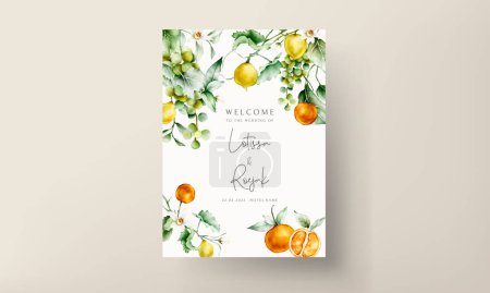 Illustration for Beautiful wedding invitation card set with botanical fruit watercolor and flower - Royalty Free Image