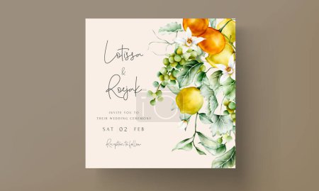 Téléchargez les illustrations : Belle carte d'invitation de mariage avec aquarelle de fruit botanique et fleur - en licence libre de droit