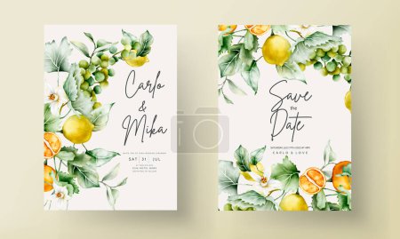 Téléchargez les illustrations : Ensemble de cartes d'invitation de mariage avec un citron et des fleurs - en licence libre de droit