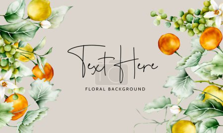 Illustration for Beautiful floral background template with fruit and flowers watercolor - Royalty Free Image