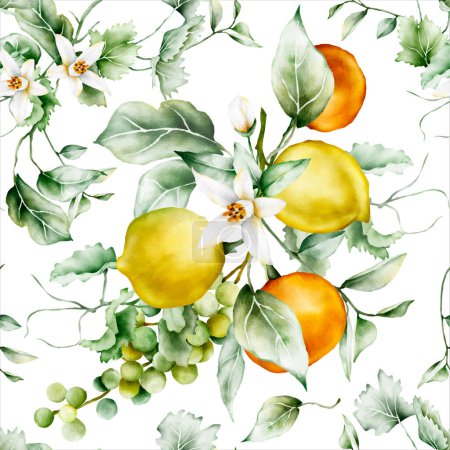 Illustration for Beautiful seamless pattern with fruit and flowers watercolor - Royalty Free Image