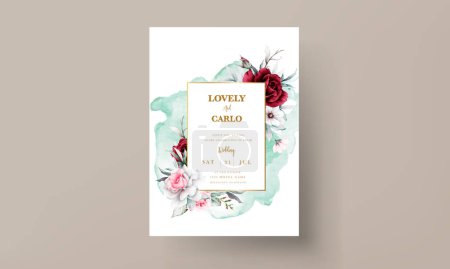 Téléchargez les illustrations : Modèle de carte d'invitation de mariage avec belle couronne de fleurs aquarelle - en licence libre de droit