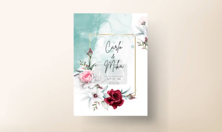 Illustration for Wedding invitation card template with beautiful floral and leaves. modern maroon pink color - Royalty Free Image