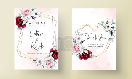 Illustration for Wedding invitation card template with beautiful floral and leaves. modern maroon pink color - Royalty Free Image
