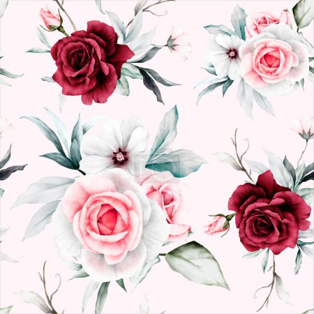 Illustration for Rose flowers and leaves painting watercolor floral seamless pattern - Royalty Free Image