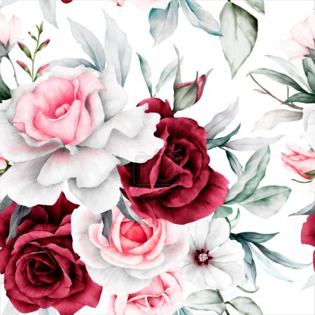 Ilustración de Rosa flores y hojas pintura acuarela floral patrón sin costura - Imagen libre de derechos
