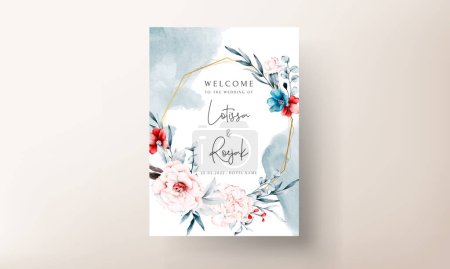 Ilustración de Plantilla de tarjeta de invitación de boda con flores rojas y azules marco floral acuarela - Imagen libre de derechos