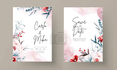 Téléchargez les illustrations : Modèle de carte d'invitation de mariage avec des fleurs rouges et bleues cadre floral aquarelle - en licence libre de droit