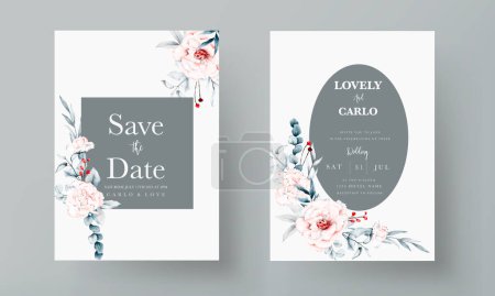 Ilustración de Plantilla de tarjeta de invitación de boda con flores rojas y azules marco floral acuarela - Imagen libre de derechos