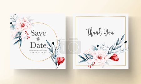 Téléchargez les illustrations : Modèle de carte d'invitation de mariage avec des fleurs rouges et bleues cadre floral aquarelle - en licence libre de droit