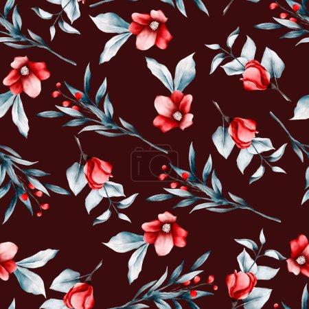 Illustration for Floral pattern with pink and blue flowers and red peonies - Royalty Free Image