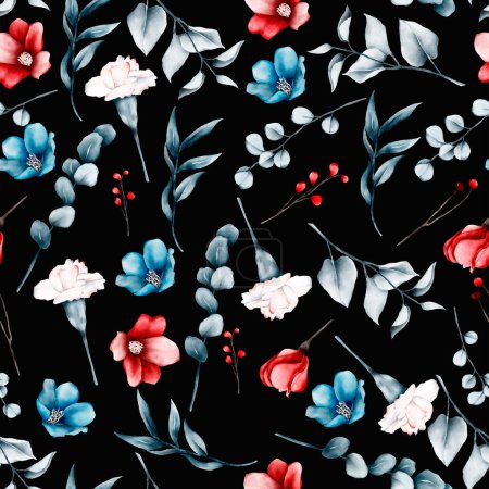 Illustration for Floral pattern with pink and blue flowers and red peonies - Royalty Free Image