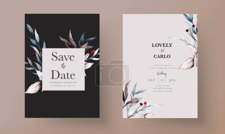Téléchargez les illustrations : Carte d'invitation de mariage de luxe avec de belles feuilles aquarelle - en licence libre de droit