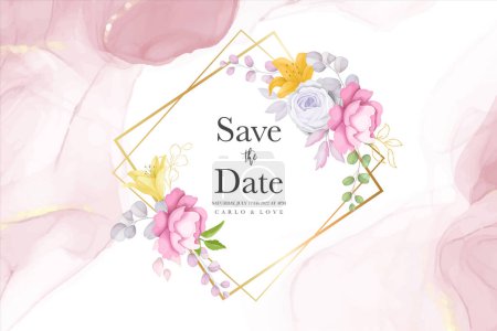Ilustración de Hermoso marco floral acuarela con rosa, anémona y flor de lirio - Imagen libre de derechos