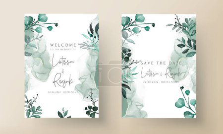 Téléchargez les illustrations : Carte d'invitation avec feuilles et fleurs aquarelle - en licence libre de droit