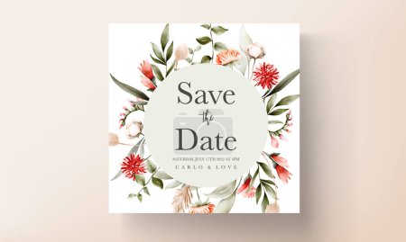 Illustration for Beautiful flower and leaves watercolor wedding invitation card with boho color - Royalty Free Image