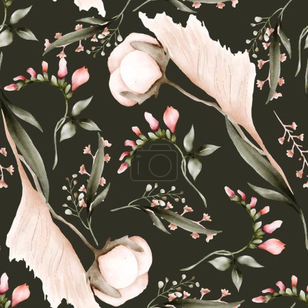 Téléchargez les illustrations : Motif floral vintage sans couture avec fleur et feuilles bohème - en licence libre de droit