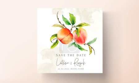 Illustration for Wedding invitation card with watercolor peach fruit and green leaves hand drawn - Royalty Free Image