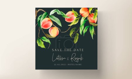Illustration for Wedding invitation card with watercolor peach fruit and green leaves hand drawn - Royalty Free Image