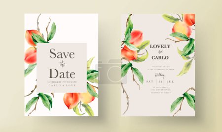 Ilustración de Hermosa tarjeta de invitación de boda con melocotones dibujados a mano acuarela - Imagen libre de derechos