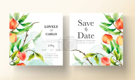 Ilustración de Hermosa tarjeta de invitación de boda con melocotones dibujados a mano acuarela - Imagen libre de derechos
