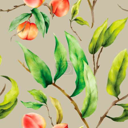 Illustration for Beautiful floral seamless pattern with hand drawn peaches watercolor - Royalty Free Image