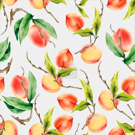 Illustration for Beautiful floral seamless pattern with hand drawn peaches watercolor - Royalty Free Image