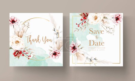 Téléchargez les illustrations : Belle carte d'invitation de mariage aquarelle avec élégante fleur bohème et feuillage - en licence libre de droit