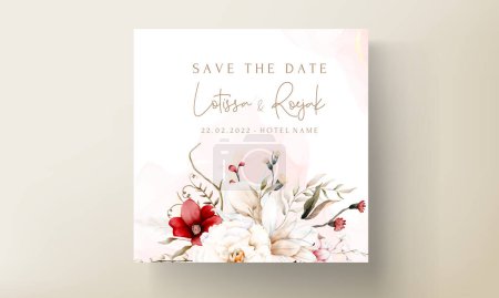 Téléchargez les illustrations : Belle carte d'invitation de mariage aquarelle avec élégante fleur bohème et feuillage - en licence libre de droit