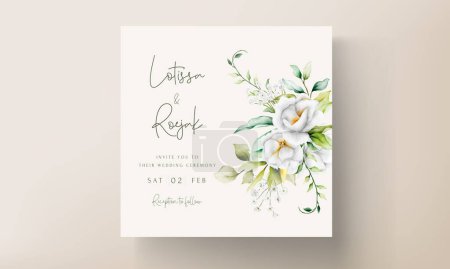 Téléchargez les illustrations : Belle invitation de mariage aquarelle avec feuilles de verdure et fleur blanche - en licence libre de droit