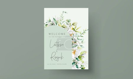 Téléchargez les illustrations : Belle invitation de mariage aquarelle avec feuilles de verdure et fleur blanche - en licence libre de droit