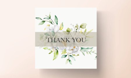 Illustration for Beautiful watercolor wedding invitation with  greenery leaves and white flower - Royalty Free Image