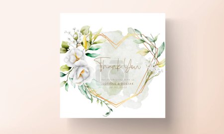 Ilustración de Hermosa invitación de boda acuarela con hojas verdes y flor blanca - Imagen libre de derechos