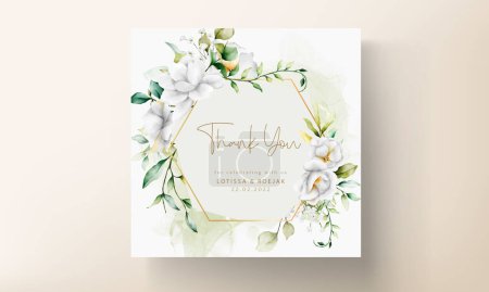 Illustration for Beautiful watercolor wedding invitation with  greenery leaves and white flower - Royalty Free Image