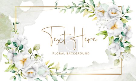 Téléchargez les illustrations : Beau fond floral aquarelle avec feuilles de verdure et fleur blanche - en licence libre de droit