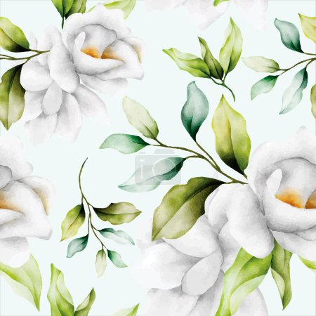 Téléchargez les illustrations : Beau motif sans couture floral aquarelle avec feuilles de verdure et fleur blanche - en licence libre de droit