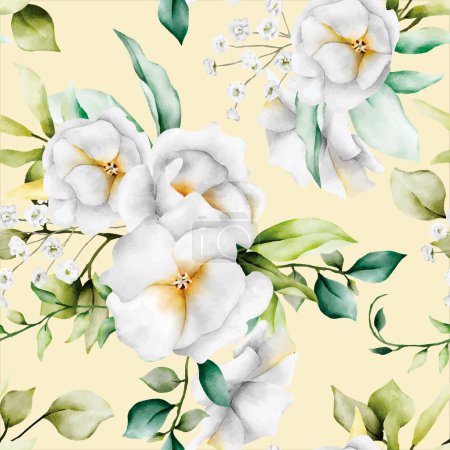 Illustration for Beautiful watercolor floral seamless pattern with  greenery leaves and white flower - Royalty Free Image
