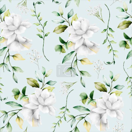 Téléchargez les illustrations : Beau motif sans couture floral aquarelle avec feuilles de verdure et fleur blanche - en licence libre de droit