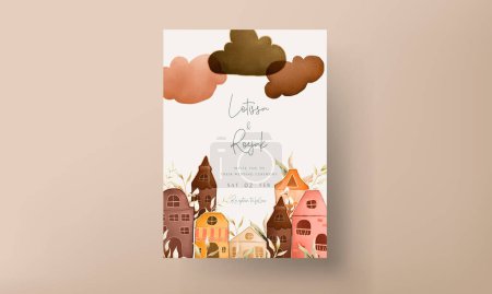 Illustration for Invitation card template with hand drawn vintage house and leaves - Royalty Free Image