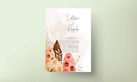 Illustration for Invitation card template with hand drawn vintage house and leaves - Royalty Free Image