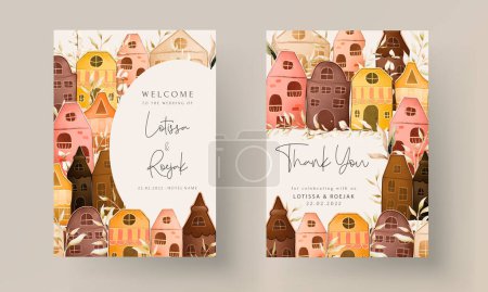 Illustration for Hand drawn vintage house and leaves watercolor background template - Royalty Free Image