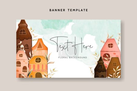 Illustration for Hand drawn vintage house and leaves watercolor background template - Royalty Free Image