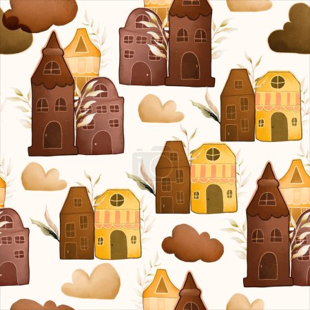 Illustration for Hand drawn vintage house and leaves watercolor seamless pattern - Royalty Free Image