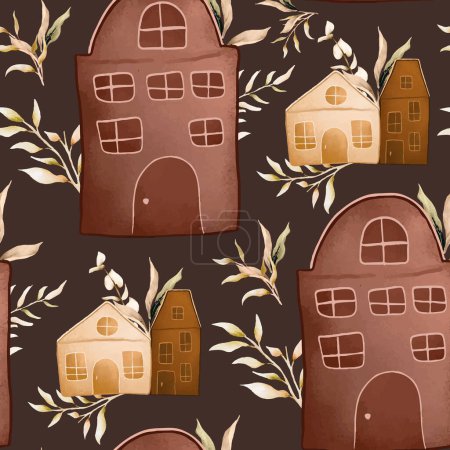 Illustration for Hand drawn vintage house and leaves watercolor seamless pattern - Royalty Free Image