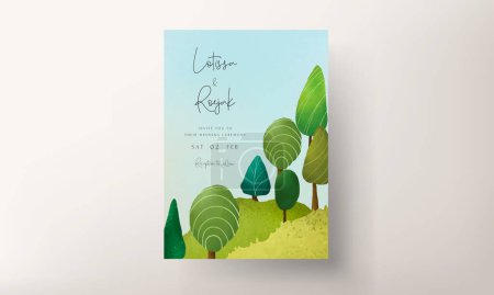 Ilustración de Hermoso paisaje verde dibujado a mano y plantilla de tarjeta de invitación de árbol - Imagen libre de derechos