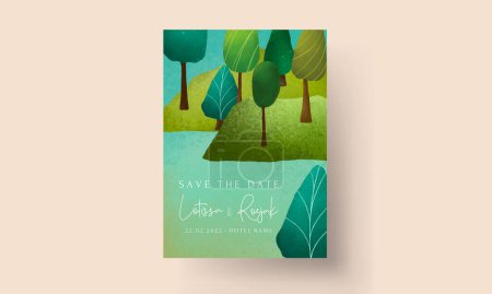 Ilustración de Hermoso paisaje verde dibujado a mano y plantilla de tarjeta de invitación de árbol - Imagen libre de derechos