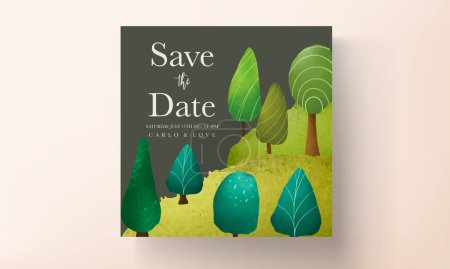 Téléchargez les illustrations : Beau paysage de verdure dessiné à la main et modèle de carte d'invitation d'arbre - en licence libre de droit