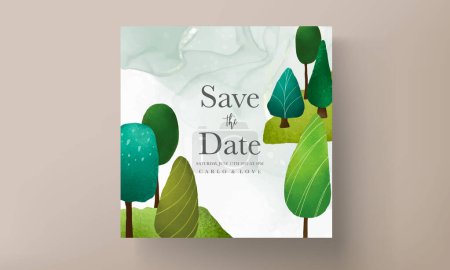 Téléchargez les illustrations : Beau paysage de verdure dessiné à la main et modèle de carte d'invitation d'arbre - en licence libre de droit