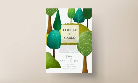 Illustration for Beautiful hand drawn greenery scenery and tree invitation card template - Royalty Free Image
